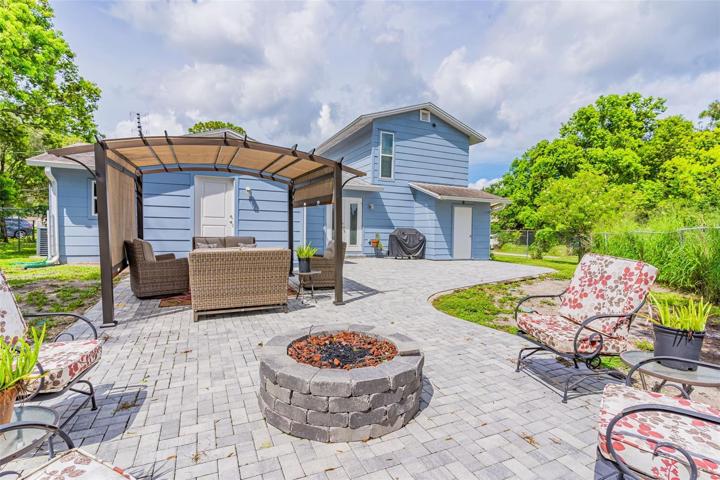 Covered seating area and firepit