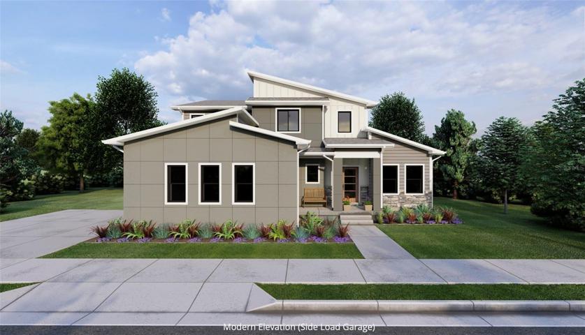 Rendering shown of an Edgeworth Modern Elevation with Side Load Garage. Final Elevations and Options will be discussed and concluded at the Builders Meeting