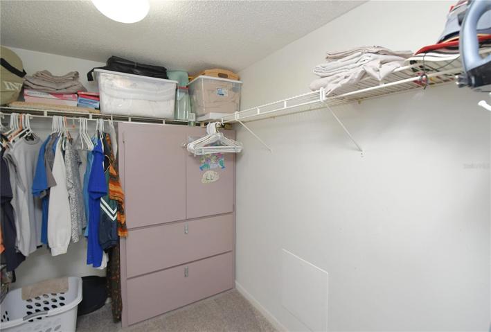 Master walk-in closet comes with carpet, built-in shelves and a light.