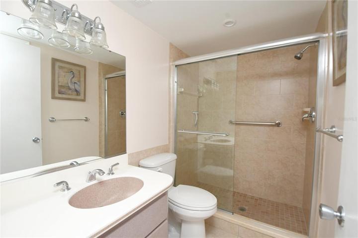 The master bedroom is a true oasis and features an en suite bathroom with a walk-in shower with sliding glass doors, large mirror and a vanity.