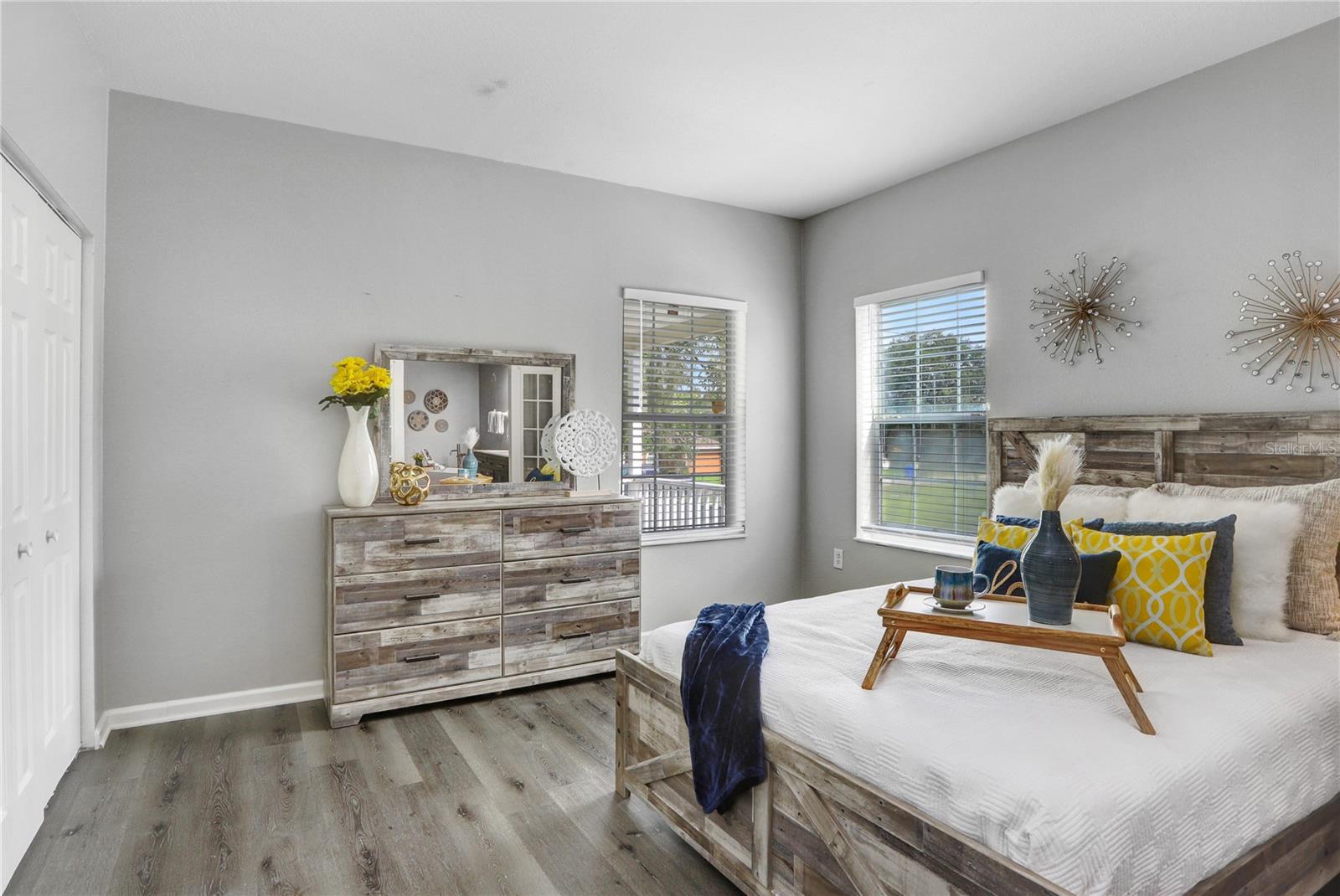 The master bedroom has 2 sets of closets in the bedroom, and also a walk-in closet in the bathroom.