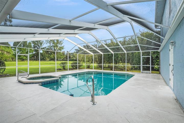 A stunning pool featuring a luxurious jacuzzi and ample space to unwind and savor the outdoors amidst the beauty of nature.