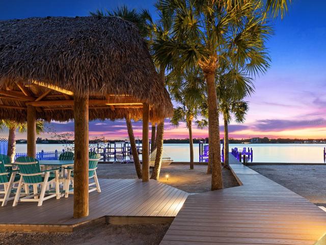 The custom decking with evening lighting