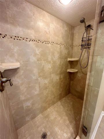 Tiled walk-in shower in the guest bath
