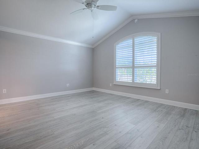 THE FRONT GUEST ROOM WITH LOVELY LAMINATE FLOORING, CROWN MOLDING AND PLANTATION SHUTTERS.