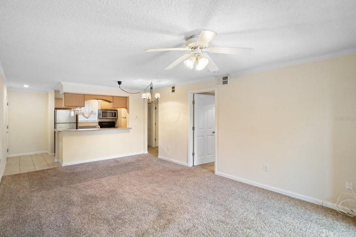 Living room has lighted ceiling fan.