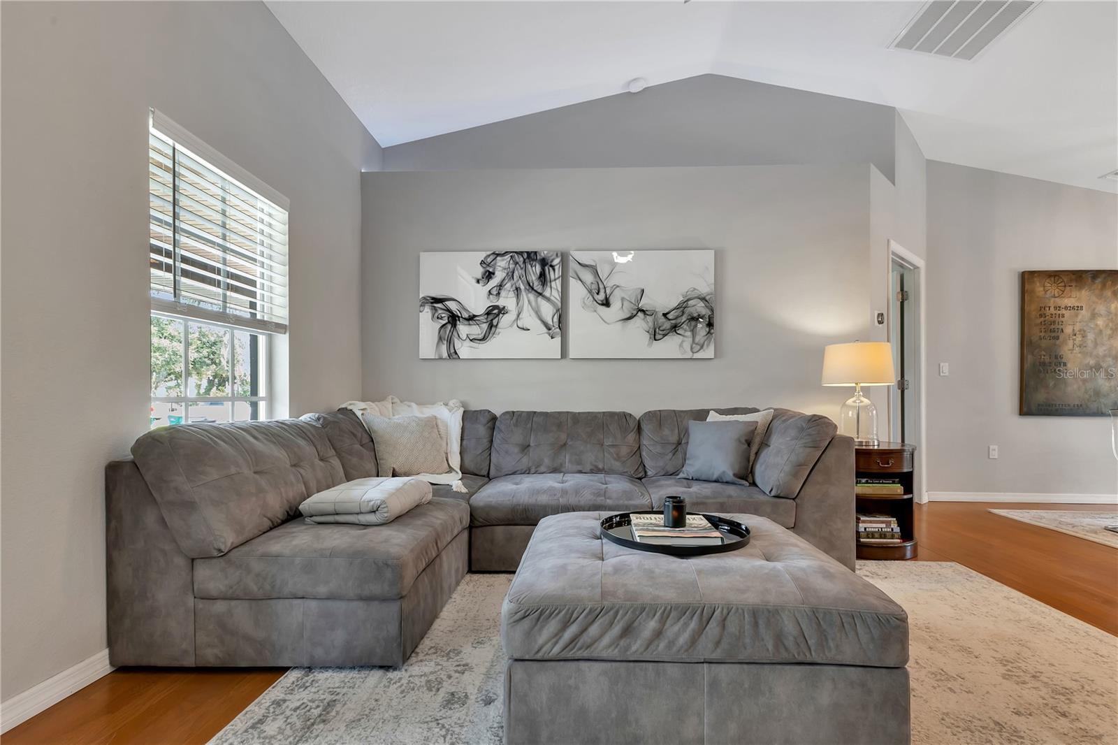 Spacious living room with cathedral ceiling