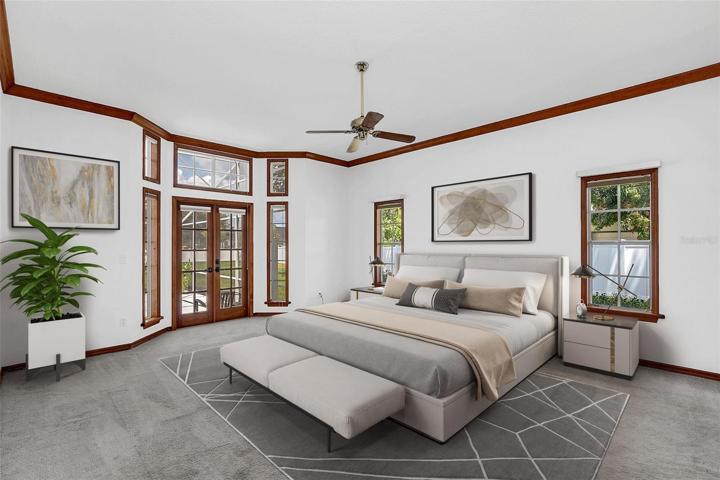 Virtual Stage Master Suite with French Doors to Pool (Visual Staged)