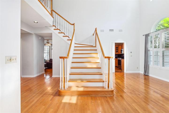Wood flooring with tiered staircase.