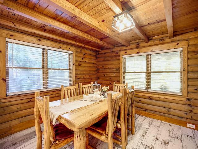 Dream log home already furnished with custom wood furniture.