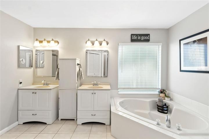Dual vanities and garden tub in en suite bathroom