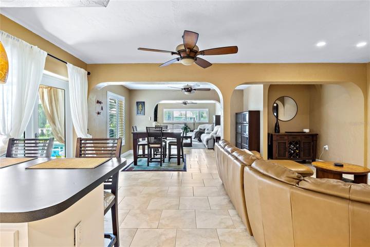 Long view 2 living spaces & dining space