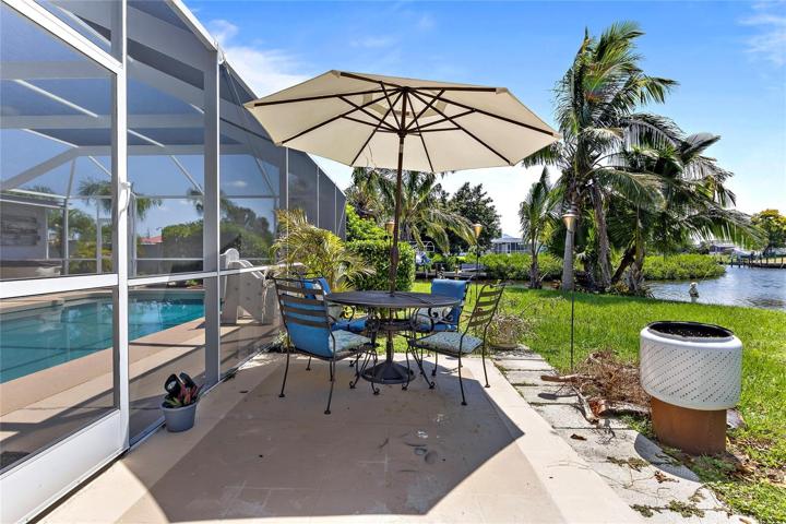 Patio in garden space, intersecting waterways