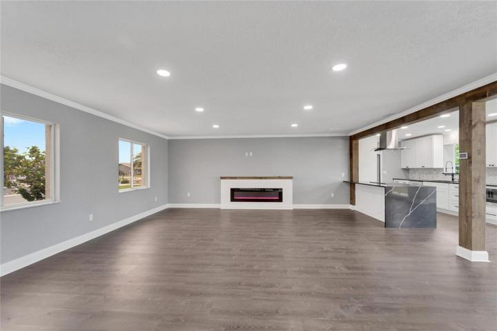 Living room flows into Kitchen and Dining room