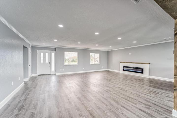 Living room flows into Kitchen and Dining room