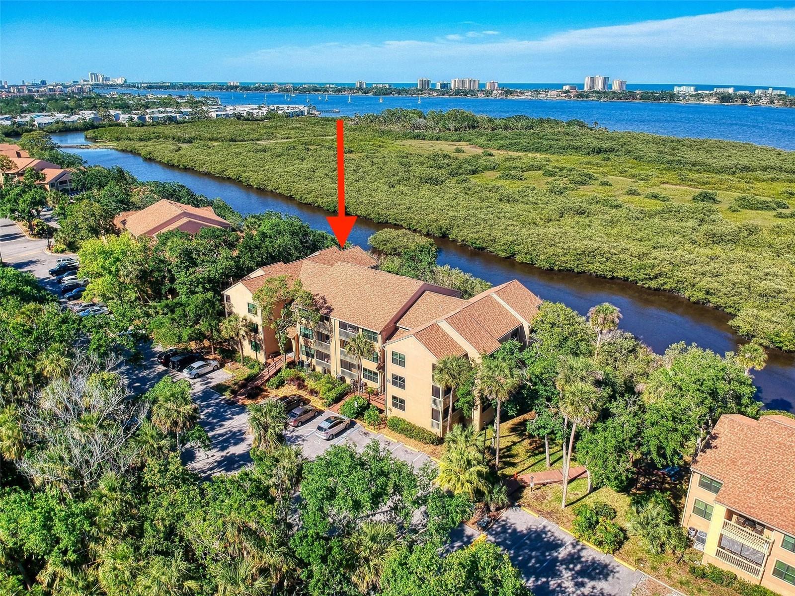 PARE Building 6 - Drone Water Views - Red Arrow to Unit 609