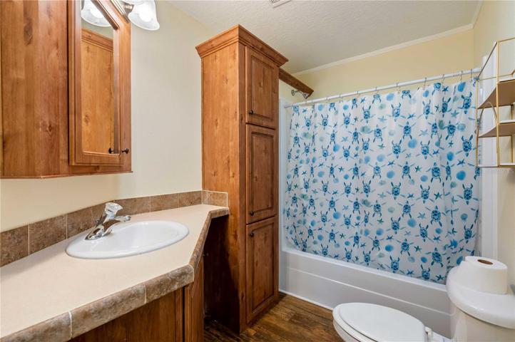 Guest bath has tub/shower combo with nice vanity with high toilet.