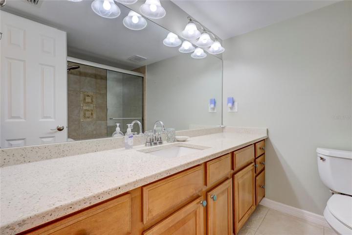 The Guest bathroom is spacious with plenty of storage with wonderful lighting and has a linen closet.