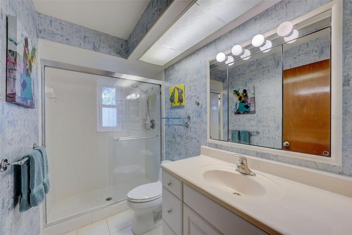 Second bathroom with walk in shower and spacious vanity.