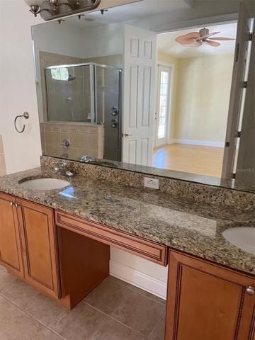 Vanity in master bath ...granite countertop with twin sinks and lots of space for your bath items.