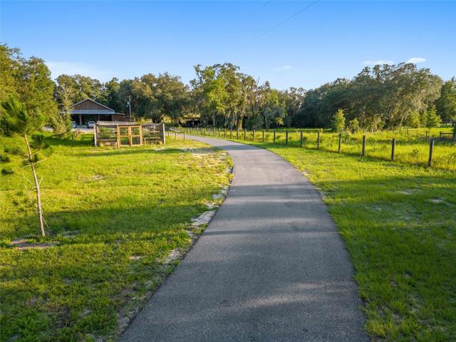 Winding road to barn from main house. Screened raised bed garden on the left.