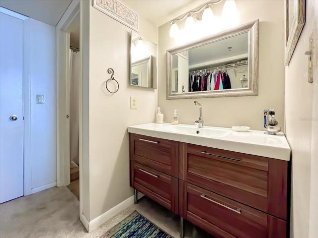 Primary ensuite bathroom with updated vanity and separate shower and water closet leading to walk-in closet.