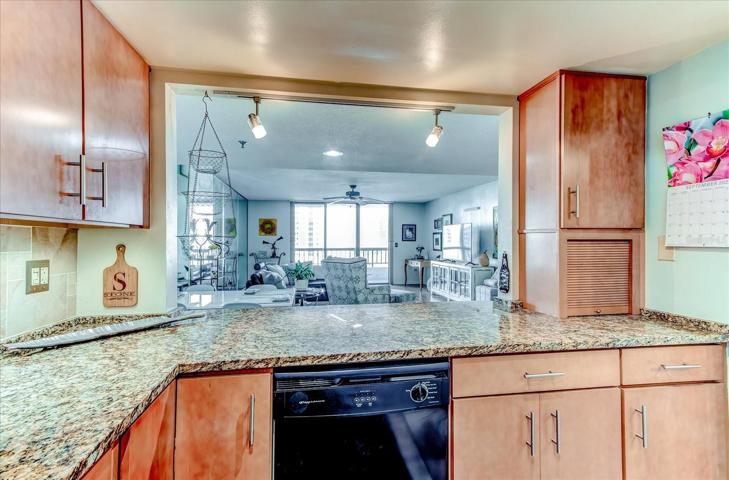 Kitchen view looking into living and dining area.  Great for entertaining!