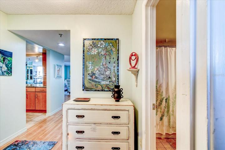 Foyer leading to bedroom 1 and guest bathroom.