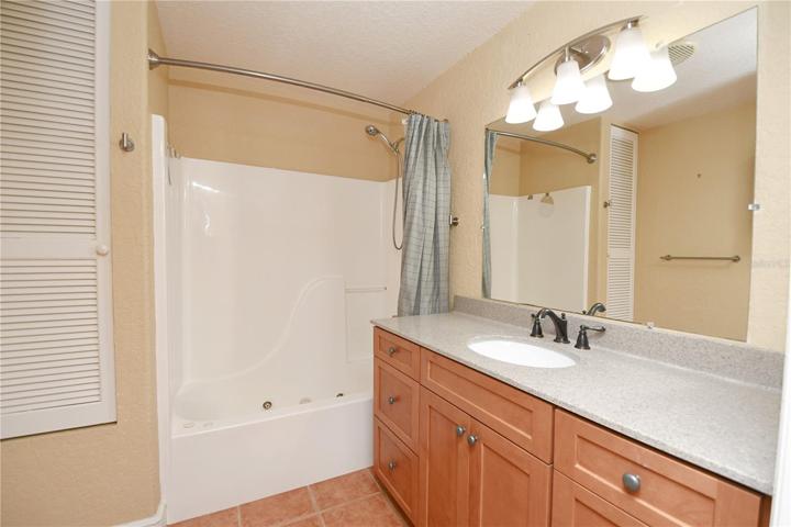 The bathroom features a jetted tub with shower, a mirrored vanity with a downlight fixture and additional storage.