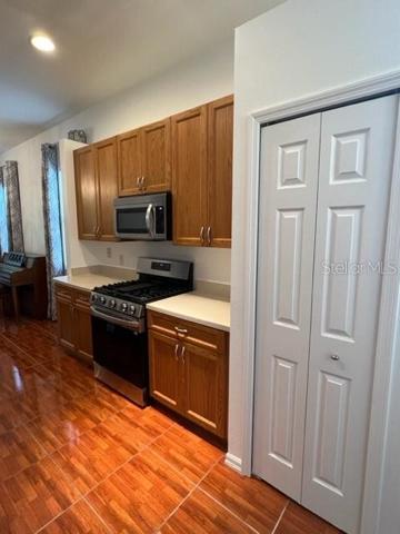 NEW GAS STOVE, MICROWAVE AND CLOSET PANTRY IN KITCHEN.