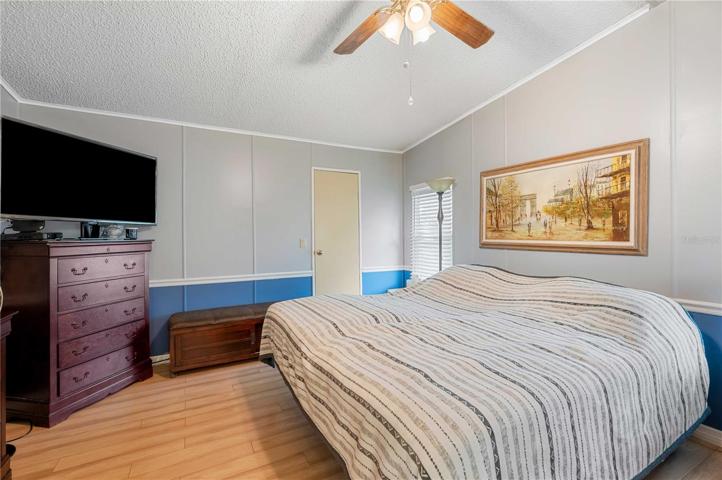Master bedroom has ceiling fan, oversized walk-in closet, laminate flooring, and ample space for king size bed.