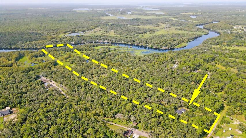 Unique Estate with a 2/2 Main House and a 2/1 Guest Home Side-by-Side on a Jaw-Dropping, Secluded THIRTEEN RIVERFRONT ACRES on the ST. JOHNS RIVER with Your Own BOAT RAMP. Home is in the bottom of the picture; St. Johns River is in the REAR of the Property in the Distance.  This property has 3 Distinct Sections: The Front Section by the entrance is High-and-Dry OAK & PINE WOODS and contains the TWO HOMES overlooking a Private POND and the Two-Car Carport. As you Walk Back behind the Home past the POND, You will go through a Gate, past your Huge POLE BARN into the Grassland SAVANNAH Middle-Section, where Cattle, Horses, White-Tailed Deer, Turkeys, Bald Eagles and other Wildlife Hold Sway. Towards the Back of the Property, You Will Cross through Your Own Private CYPRESS DOME to the RIVERFRONT. Here in the Rear portion of the land you can CAMP or Picnic along a Tranquil, Private Riverfront Road and Hard-Packed Sand Boat Ramp. Here the RIVER is so Quiet You’ll go several Hours without even Seeing another Boat.