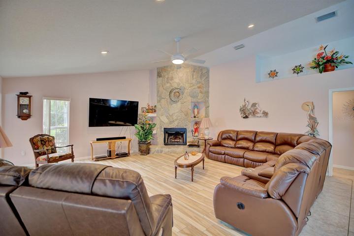 Great room with stone faced fireplace