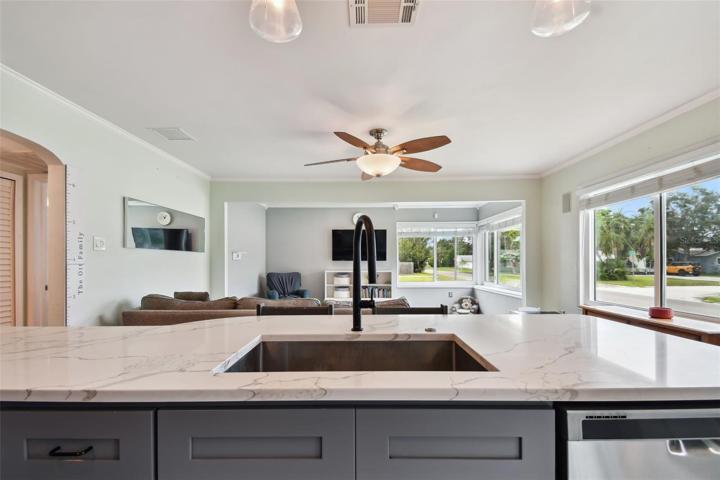 Kitchen connects to the living room