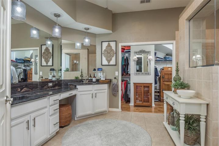 Cultured Marble Dual Vanities In Master Bathroom And Walk In Shower