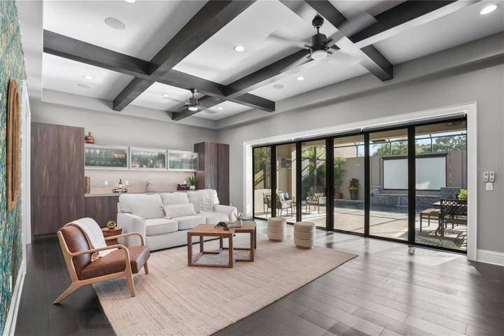 Family room with wall of sliders