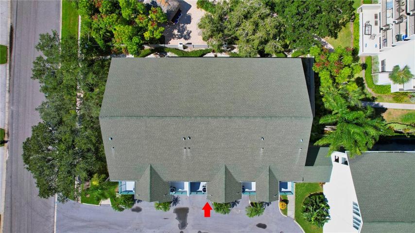 The aerial top view of the townhome, giving you a unique glimpse of its ideal location within the community.