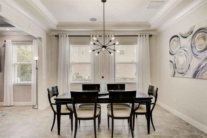 Dining room with tray ceiling view from foyer