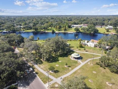 Aerial view of the park as well as the covered pavilion.