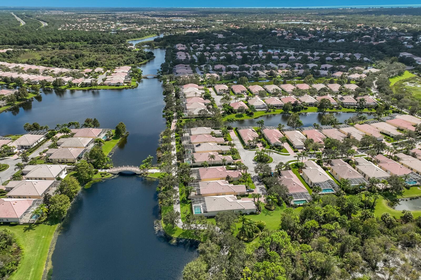 Aerial view of neighborhood and lake