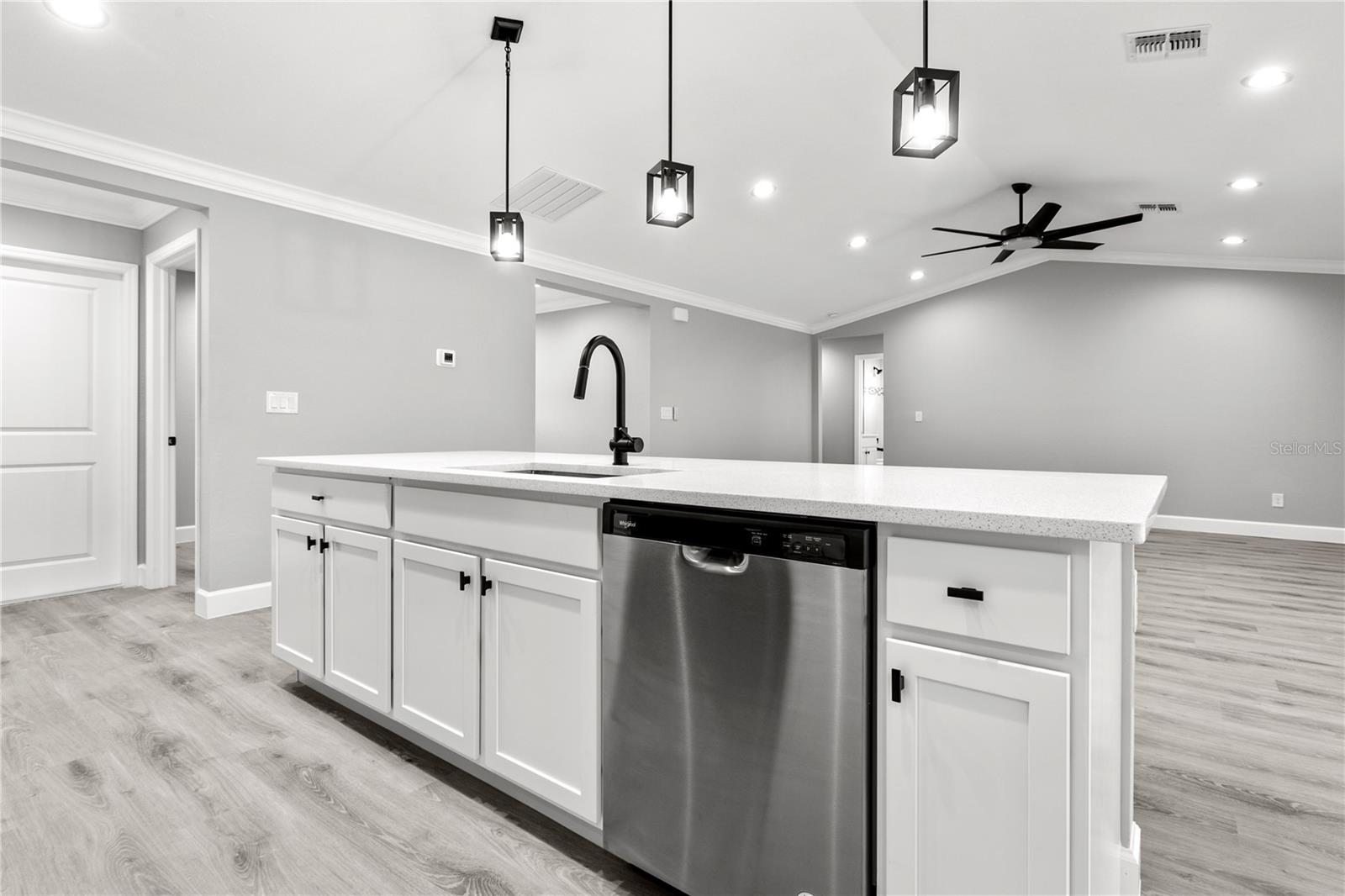 Kitchen looking into the great room - easy and open access to the living areas of the home, with master suite being in a private wing!
