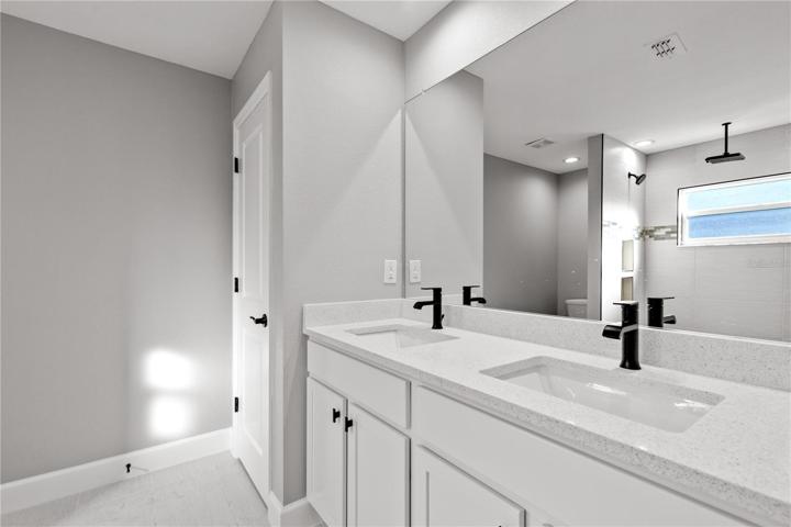 Master Bathroom retreat - dual sinks with beautiful counters, upgraded faucets (even the hinges are statement pieces)!  A transom window allows light in and wait until you see the shower!
