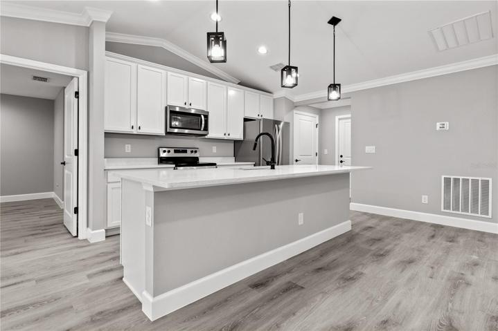 Side view of the kitchen with lots of counter space, deep kitchen sink and island that is perfect for gathering around!