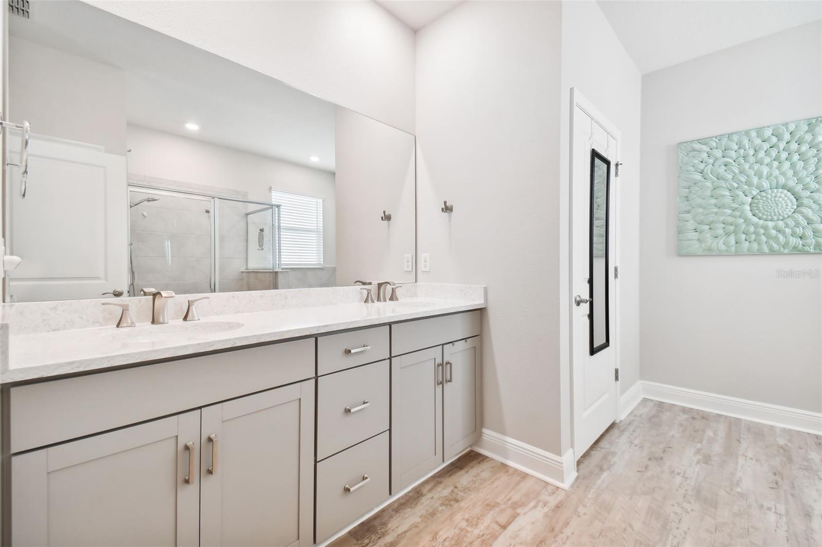 Spacious and luxurious master bath. Over-sized vanity with double sinks and designer fixtures.