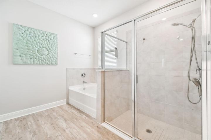 Separate soaking tub and shower. Designer fixtures and tile.