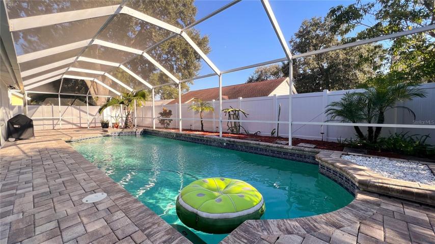 The relaxing pool and the adjacent patio