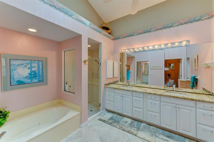 Garden tub and walk-in shower in the main bathroom