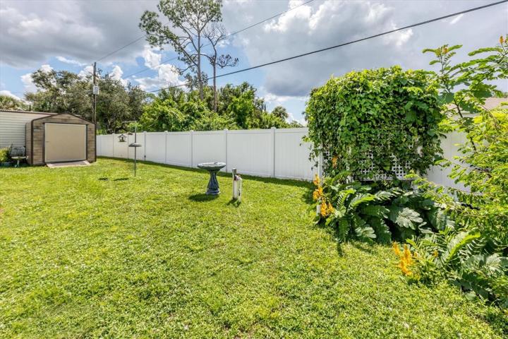 privacy fence goes across back, tropical style landscaping as well