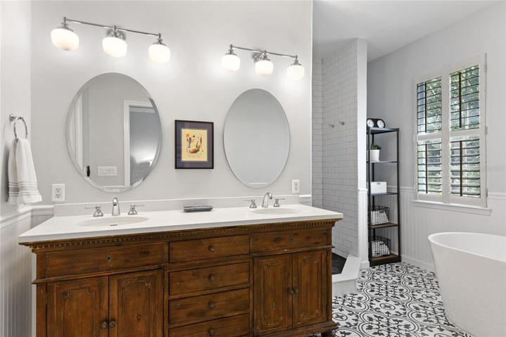 Master Bathroom renovated in 2018 with RH vanity and walk-in shower