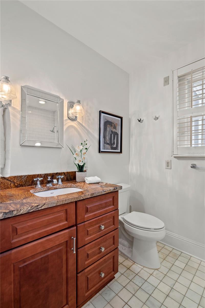 Full bathroom with walk-in shower located downstairs